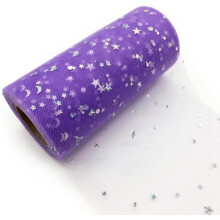 Purple Polyester Tulle Roll with Silver Star Moon Sun