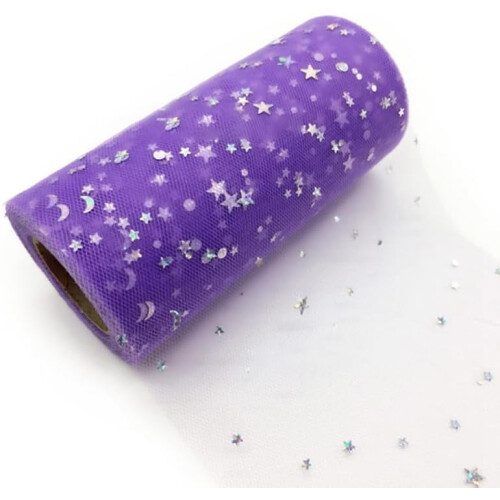 Purple Polyester Tulle Roll with Silver Star Moon Sun