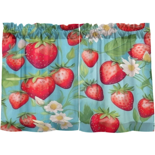 Red Strawberry Fruit Cartoon Kitchen Curtains 36 Inch Short