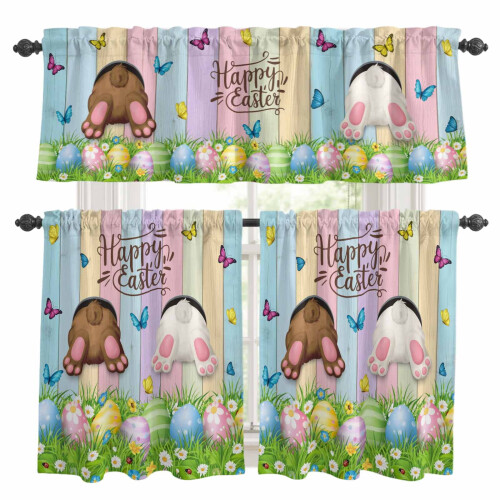 Easter Kitchen Curtains and Valances Set Brown White Bunny
