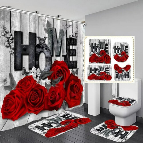 Ensemble rideau de douche rose avec tapis antidérapant 4 pièces