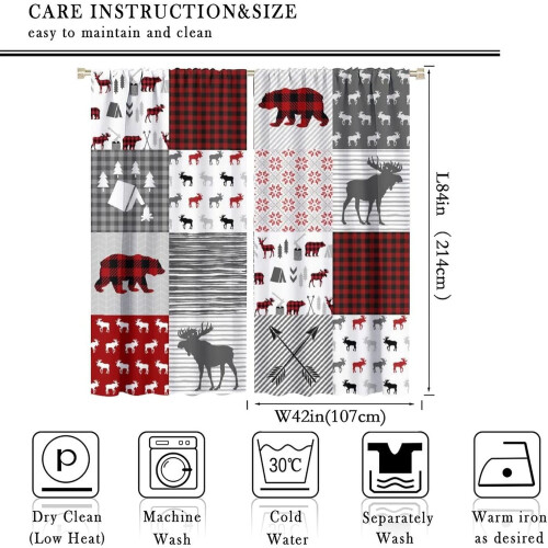 Moose Bear Curtains Grey Red Plaid 84x84 in 1