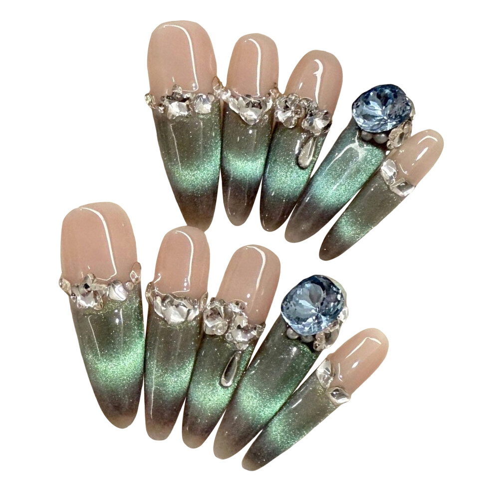 Hue-Grain (M) Aurora Cat Eye Fake Nails - Lightweight & Easy To Apply