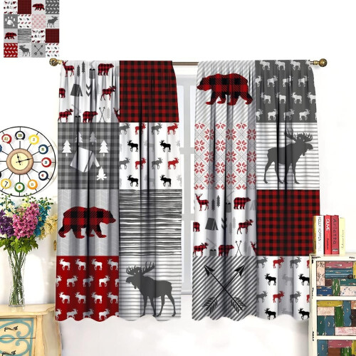 Moose Bear Curtains Grey Red Plaid 84x84 in 2
