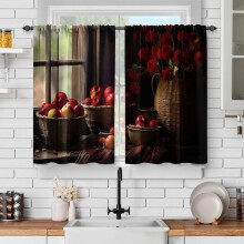 Tende da cucina vintage in stile rustico color bordeaux, 2 pezzi