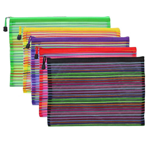 Astuccio a rete con cerniera, 23x18 cm, confezione da 5, per penne e documenti.