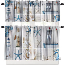 Ensemble de rideaux de cuisine nautiques et cantonnière bleu sarcelle 3 pièces