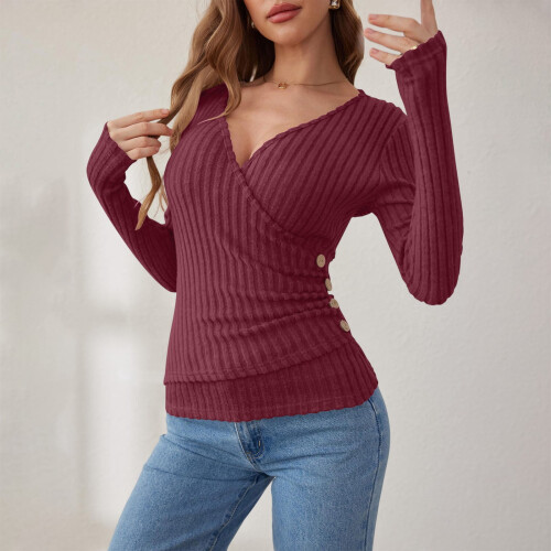 Women's Deep V-Neck Wrap Sweater Long Sleeve Slim Fit 2