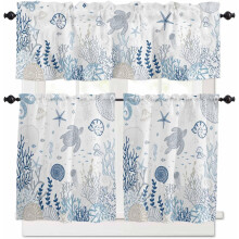 Ocean Kitchen Curtains Set Coastal Blue Sea Turtle Coral