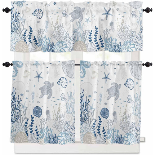 Ocean Kitchen Curtains Set Coastal Blue Sea Turtle Coral