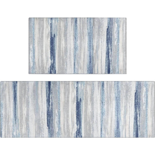 Abstract Kitchen Mat Set 2 pcs Blue Runner Rugs Non-Skid
