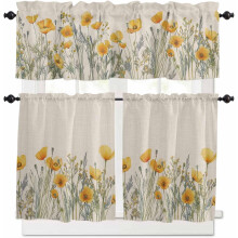 Watercolor Floral Kitchen Curtains Set Yellow Poppy