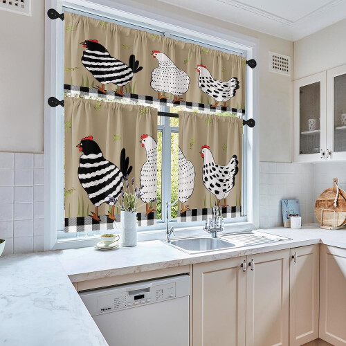 Rooster Kitchen Curtains Set Black White Chicken Design 36 1