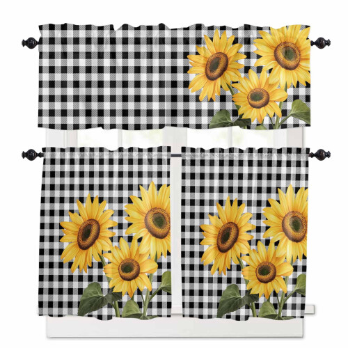 Sunflower Kitchen Curtains Set Black White Buffalo Plaid