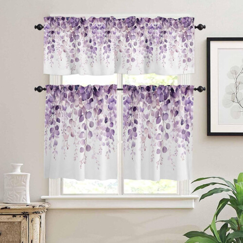 Purple Eucalyptus Kitchen Curtains Rod Pocket 3-Piece Set 1