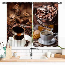 Farmhouse Kitchen Curtains Vintage Latte Cup Design Brown 2