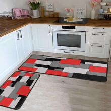 Geometric Kitchen Rugs Set of 2 17x47.2 & 17x30 in Red