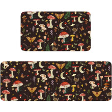 Boho Kitchen Mat Set Black Mushroom Farmhouse 2 pcs