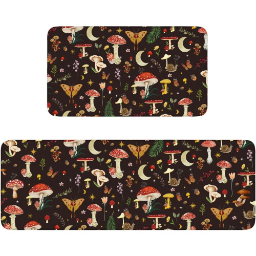 Boho Kitchen Mat Set Black Mushroom Farmhouse 2 pcs