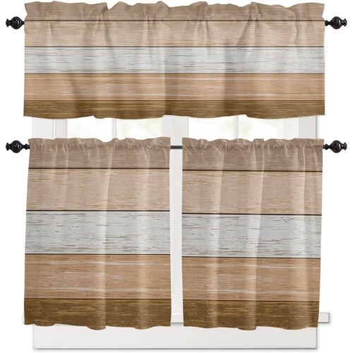 Kitchen Curtains Set Brown Ombre Rod Pocket 3 Piece