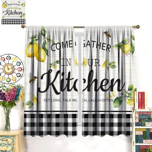 Farmhouse Lemon Kitchen Curtains Rustic Black White Buffalo 2