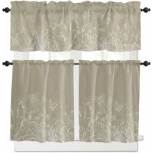 Brown Floral Kitchen Curtains with Valance Set 24 inch Rod