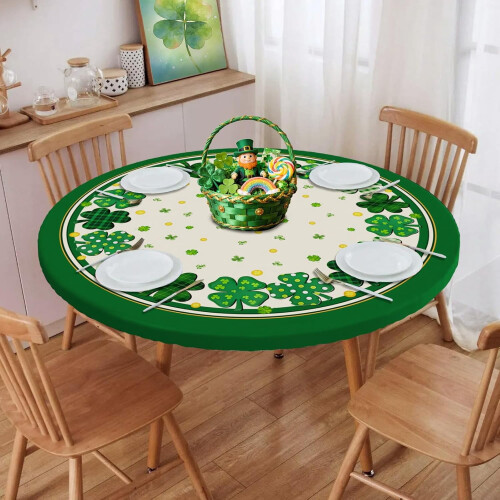 Elastische runde Tischdecke mit Kleeblattmuster, wasserabweisend
