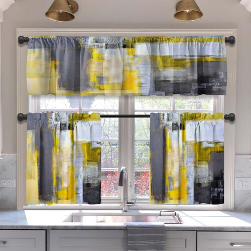 Blackout Kitchen Curtains Grey Yellow Black 3pc