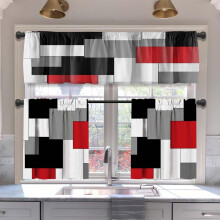 Ensemble de rideaux de cuisine (rideaux et cantonnières) rouge, noir, gris, blanc