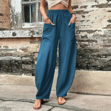 Damen Oversized, einfarbige Freizeithose mit elastischem Bund, weit