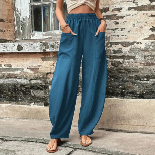 Damen Oversized, einfarbige Freizeithose mit elastischem Bund, weit