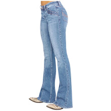 Dames lichtblauwe stretch flare jeans met borduursels, maat XL