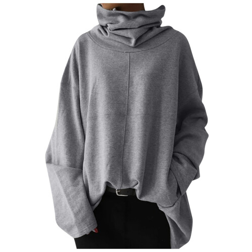 Damen-Sweatshirt mit Rollkragen und Tasche, lässig, einfarbig, Grau
