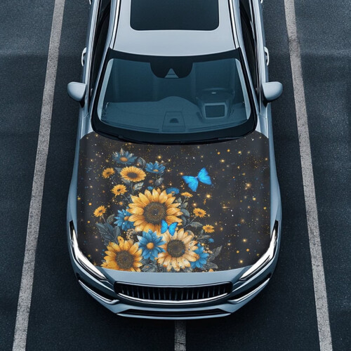Κάλυμμα καπό αυτοκινήτου Sunflower Butterfly από πολυεστέρα, ελαστικό