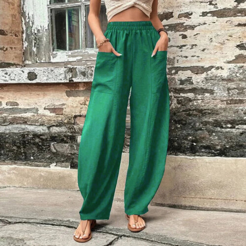 Damen-Freizeithose in Unigrün, elastischer Bund, weites Bein