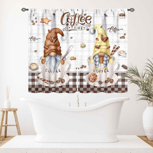 Rustic Coffee Kitchen Curtains Brown Vintage Gnome 55x39 2