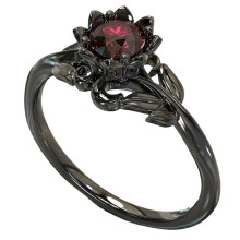 Floral Ring Black Red Rhinestones Size 11