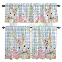 Ensemble rideaux et cantonnières de cuisine Pâques, motif lapin, œuf et fleur