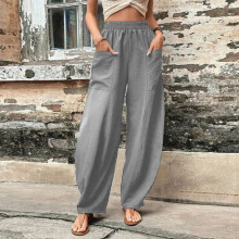 Damen-Freizeithose in Unigrau mit elastischem Bund und weitem Bein
