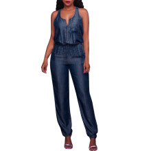 Dam Casual Off Shoulder Denim Jumpsuit Blå S