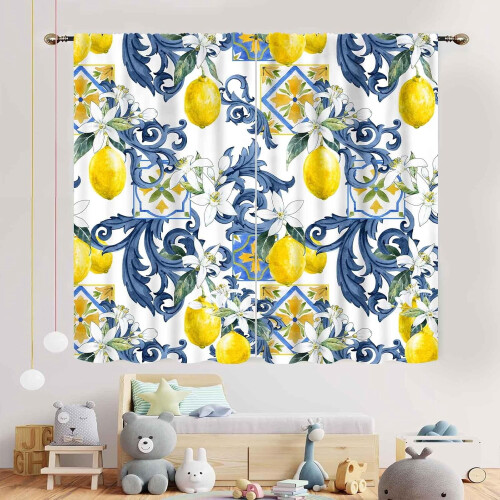 Yellow Lemon Kitchen Curtains Vintage Retro Fruit Pattern 2