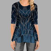 Women's O-Neck Printed Spliced Blouse Blue XXL