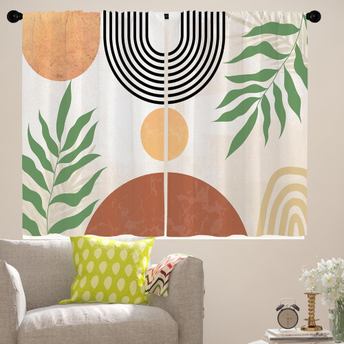 Boho Kitchen Curtains Geometric Green Leaf Design 27.5x36