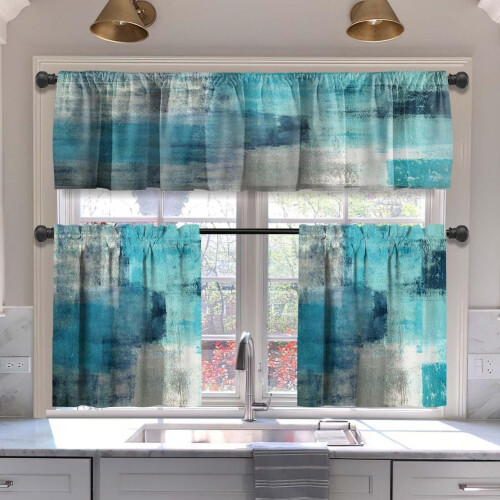 Turquoise blackout kitchen curtains tiers and valances set