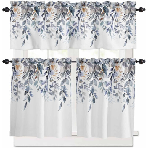 Kitchen Curtains Set Blue Eucalyptus Farmhouse 3-Piece