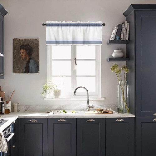 Blue and White Vertical Stripe Kitchen Valance 54x18 in Rod