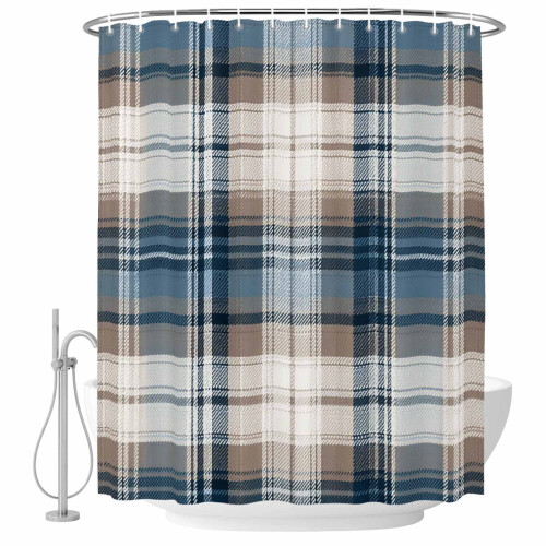 Vattentät duschdraperi med vintagegeometrisk rutig blå