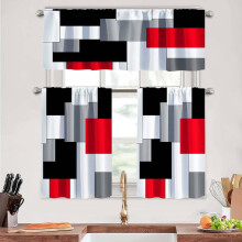 Ensemble de rideaux de cuisine fins rouges, gris, noir et blanc, 3 pièces