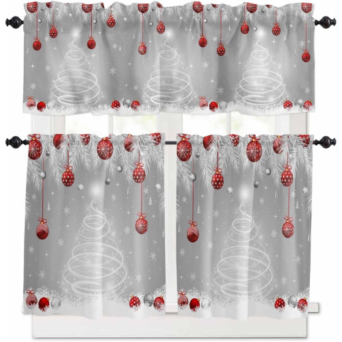 Kitchen Curtains Set Rod Pocket 24 inch 3-Pc Silver Red