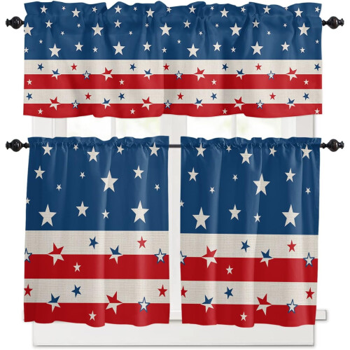 Patriotic Kitchen Curtain Set Red White Blue Stripes 3 pcs